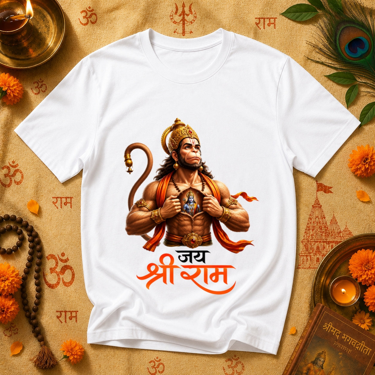 Lord Hanuman "Jai Shree Ram" Chest Tear Graphic Print Premium White T-Shirt |