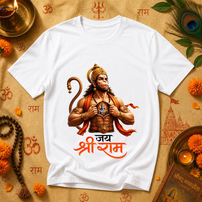 Lord Hanuman "Jai Shree Ram" Chest Tear Graphic Print Premium White T-Shirt |