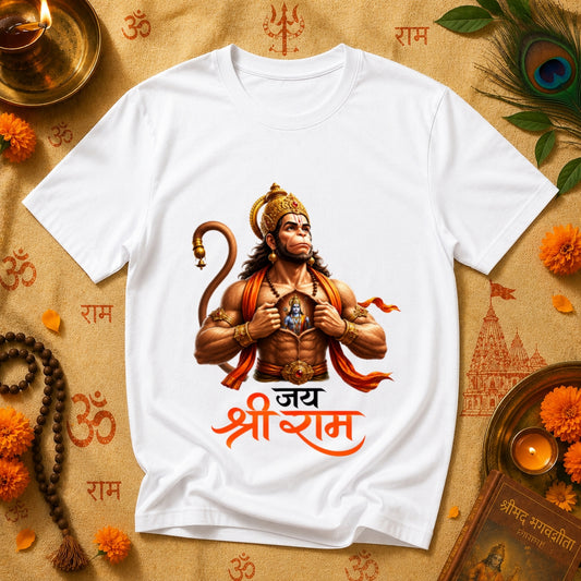 Lord Hanuman "Jai Shree Ram" Chest Tear Graphic Print Premium White T-Shirt |