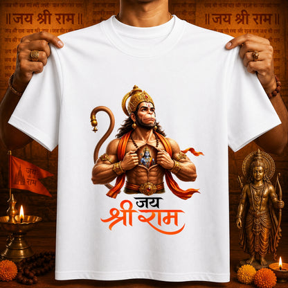Lord Hanuman "Jai Shree Ram" Chest Tear Graphic Print Premium White T-Shirt |